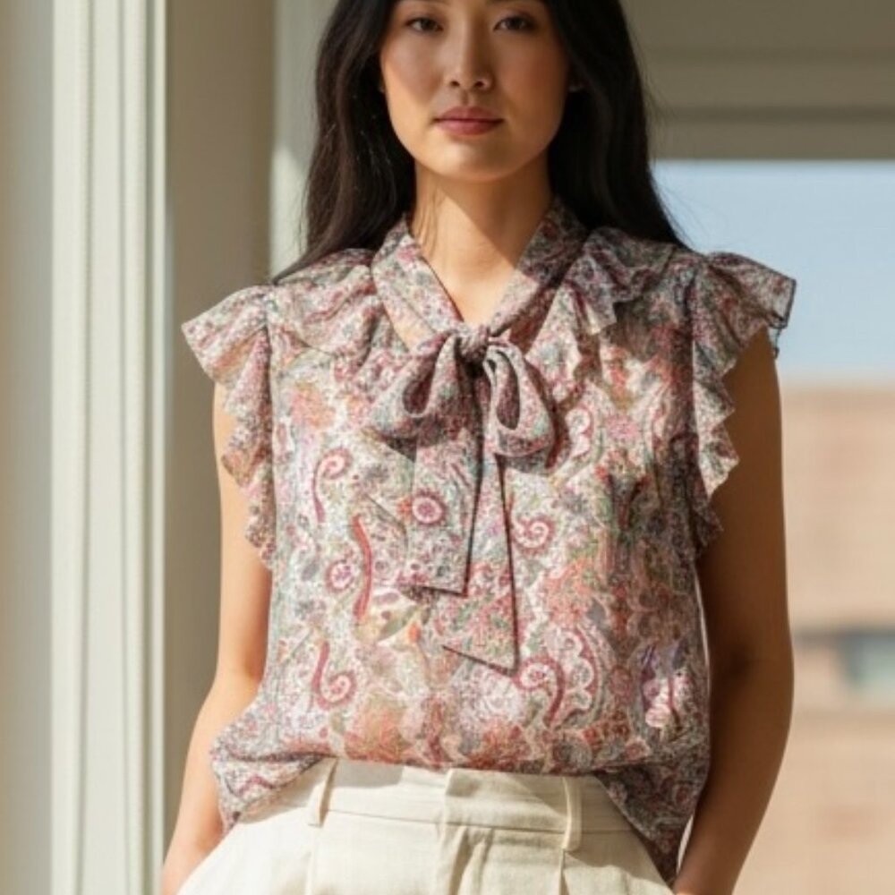 Zimmermann Silk Paisley Floral Printed Tie Neck Ruffled Semi Sheer Blouse 2/US 8